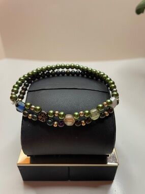 Olive Green Beaded Stretch Bracelet Set